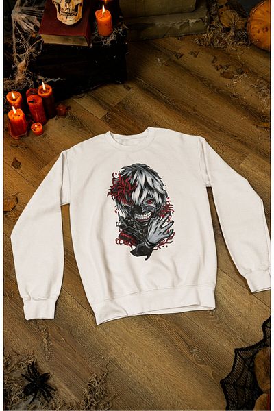 Fuddy Moda Φούτερ χωρίς κουκούλα με στάμπα Kaneki Ken, Unisex Tokyo Ghoul Anime Crew Neck Sweat