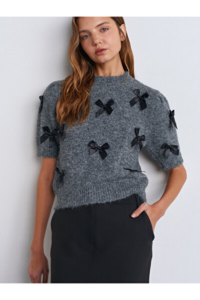 Dilvin 10673 Φούμε Μ. Πλεκτό πουλόβερ με λαιμόκοψη και Λεπτομέρεια με φιόγκο ...