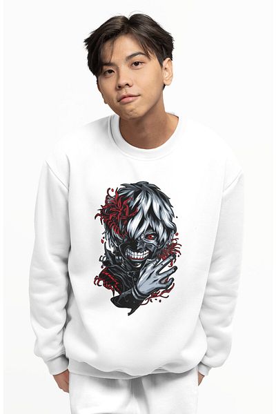 Fuddy Moda Φούτερ χωρίς κουκούλα με στάμπα Kaneki Ken, Unisex Tokyo Ghoul Anime Crew Neck Sweat