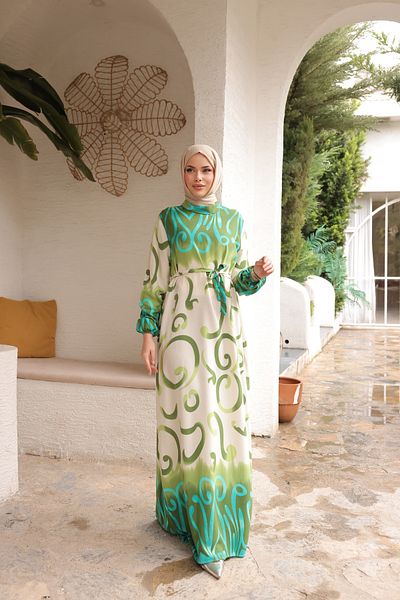 Zaure Women's Hijab Patterned Belted Long Viscose Dress