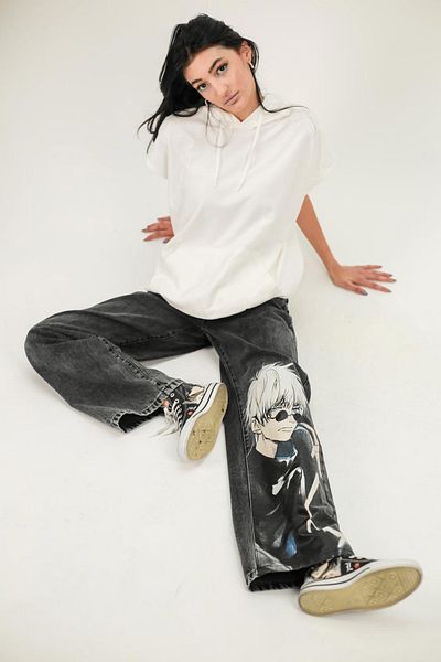 Karakedi Pantaloni unisex din denim largi cu imprimeu Jujutsu Kaisen