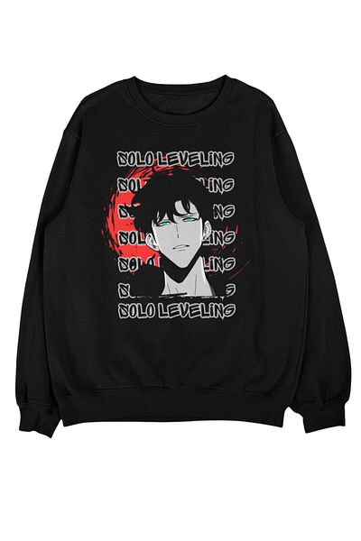 Fuddy Moda Oversize Solo Leveling Written Hoodless Sweatshirt, Unisex Anime Themed Crew Neck Sweatshirt