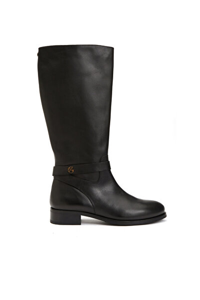George Hogg Icons Siyah Kadın %100 Deri Yuvarlak Burun Fermuar Kapatmalı Kısa Topuklu Kemer Detaylı Çizme
