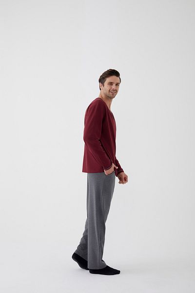 koza iç giyim Men's Cotton Long Sleeve Pajama Set with Intermediate Ribs and Pocket Detail
