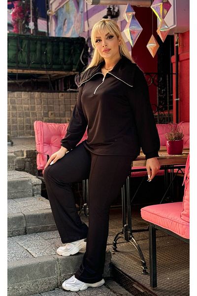 LİKRA Plus Size Stretchy Crystal Double Yarn Set - Zipper Collar and Striped Pants