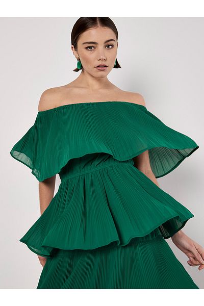 Apricot Plissee Lagen-Bardot-Minikleid