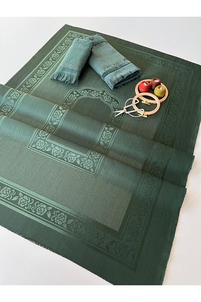 sarra Emerald Green 3-Piece Fringed Etamine Dark Prayer Rug Set