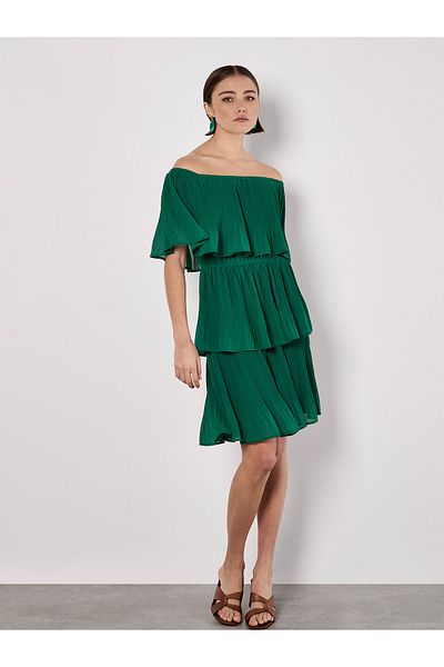 Apricot Plissee Lagen-Bardot-Minikleid