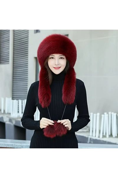SYNOPE Warm Trend Neck-Tied Scarf Plush Faux Fur Women's Russian Fur Heart Hat Beanie