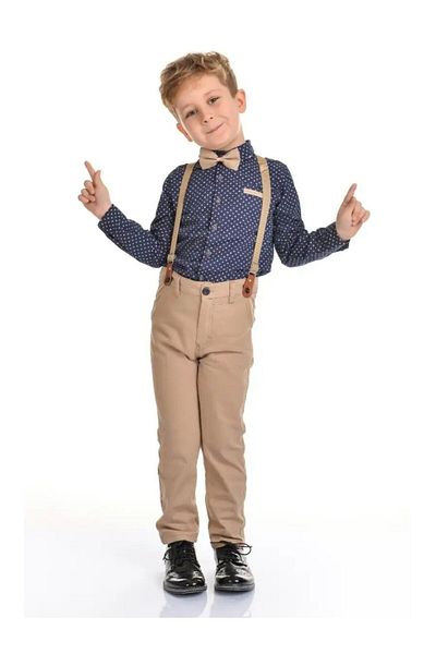 tipycix kids wear Navy Blue Polka Dot Shirt Beige Trousers Bow Tie and Suspender Children's Set
