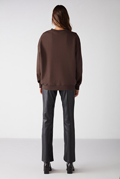 GRIMELANGE VANELTINA Γυναικείο φούτερ από οργανικό βαμβάκι μαλακό με φλις εσωτερικά και στρογγυλή λαιμόκοψη καφέ