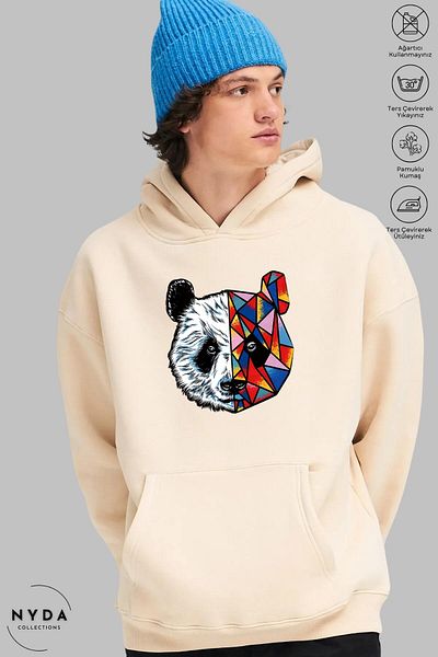 Nyda Collections Πολύχρωμο Panda Printed Unisex Hooded Sweatshirt - Μακρυμάνικο, Oversize βαμβακερό
