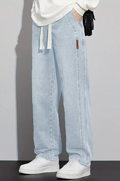 THE RULE Men's Light Blue Baggy Elastic Waist Lycra Straight Leg Loose Fitting Stretchy Jean Denim Jeans Pants Rf0484