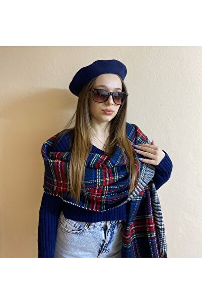 sema aksesuar Women's Winter Navy Blue French Painter Beret and Plaid Shoulde...