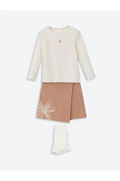 LC Waikiki Lcw Kids Beige Crew Neck Girls' Suit 3 Pieces