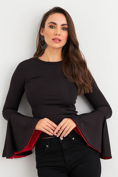 Cool & Sexy Γυναικεία μπλούζα με μανίκια καμπάνα σε μαύρο-κόκκινο αντίθεση EY3013