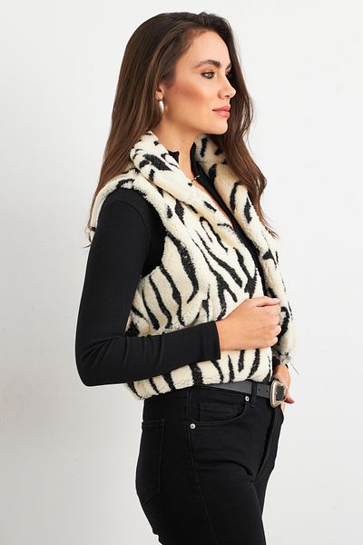Cool & Sexy Women's Ecru-Black Plush Print Short Vest Elt1118