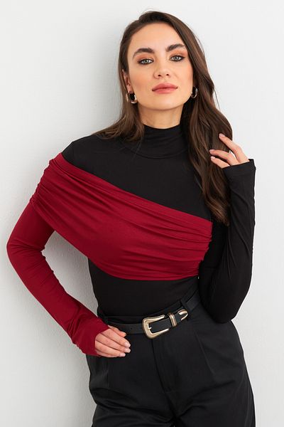 Cool & Sexy Schwarz-Burgunderfarbene Blockbluse für Damen EY3018