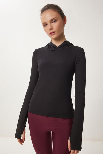 Happiness İstanbul Women's Black Finger and Back Cut Out Detailed Hooded Sweatshirt Vx00004