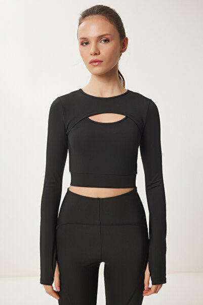 Happiness İstanbul Γυναικείο πλεκτό αθλητικό φούτερ με μαύρο δάχτυλο με λεπτομέρεια παραθύρου VX00010