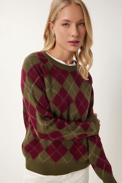 Happiness İstanbul Women's Green Burgundy Diamond Patterned Soft Textured Knitwear Sweater Pf00108