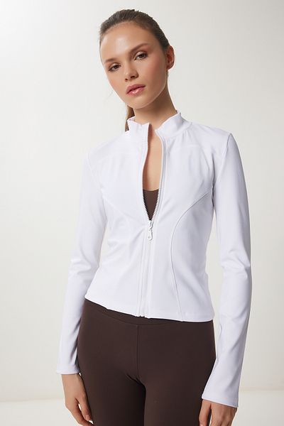 Happiness İstanbul Weißes Saran-Strick-Sweatshirt mit Reißverschluss und Stehkragen für Damen VX00005