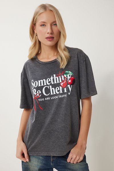 Happiness İstanbul Women's Anthracite Printed Washed Knitted T-Shirt An00220