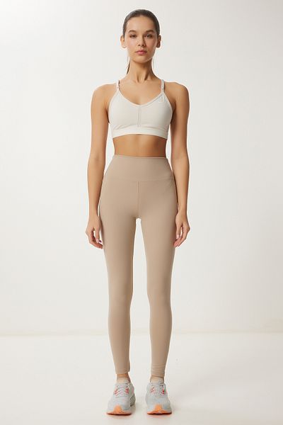 Happiness İstanbul Cremefarbene gestrickte Sportleggings mit hoher Taille für Damen VX00002
