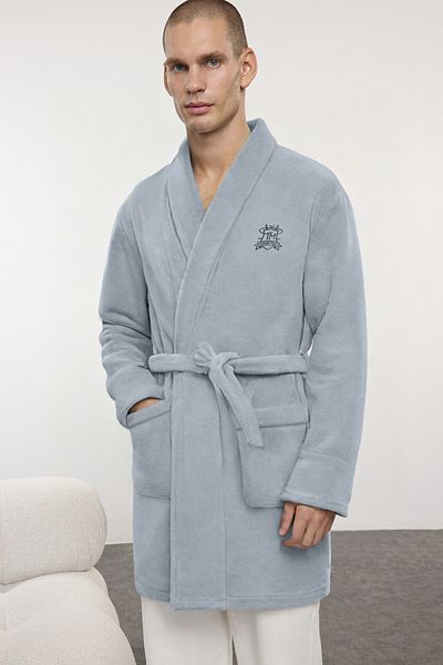 Trendyol Collection Γκρι κεντημένη ρόμπα Wellsoft Winter Fleece TMNAW25SB00000