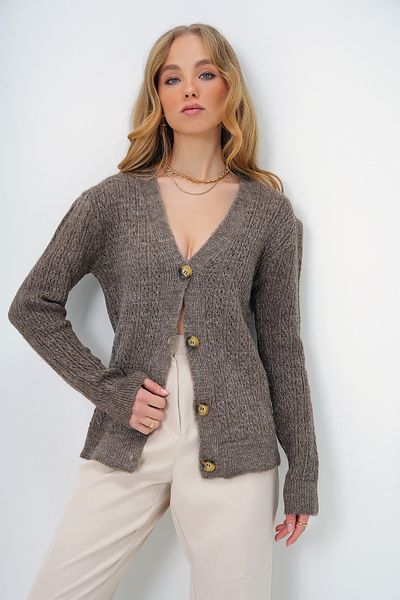 Trend Alaçatı Stili Durchbrochene Angora-Strickjacke mit V-Ausschnitt für Damen ALC-X13454