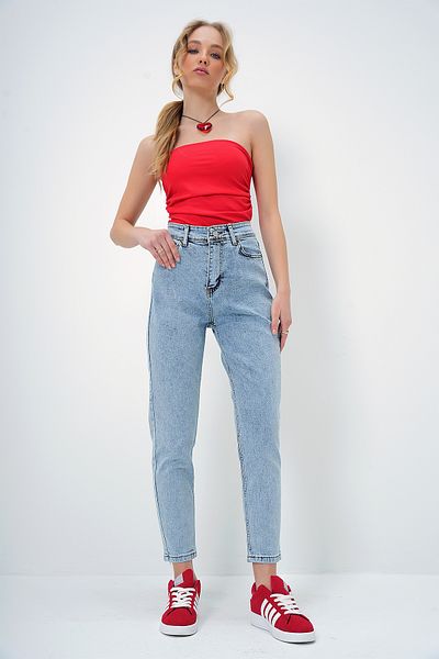 Trend Alaçatı Stili Women's Ice Blue Regular Waist Tight Leg Washed Mom Jean Alc-X13406