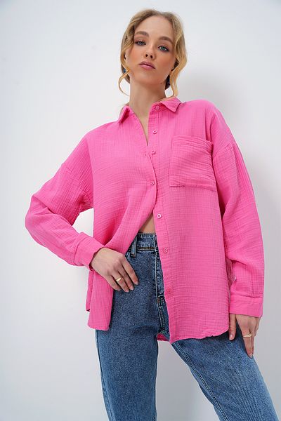 Trend Alaçatı Stili Koszula damska w kolorze różowym z jedną kieszenią, lniana, oversize, tkana Alc-X13344