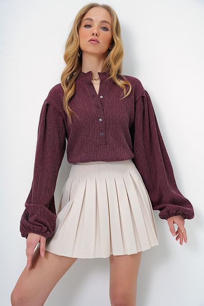 Trend Alaçatı Stili Burgundy Balloon Sleeve Textured Shirt Blouse - Prevailing Neckline, Button, Wrap Alc-X11872