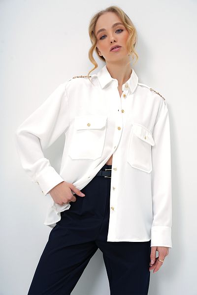 Trend Alaçatı Stili Women's White Metal Epaulettes Double Pocket Woven Crepe Shirt Alc-X13398