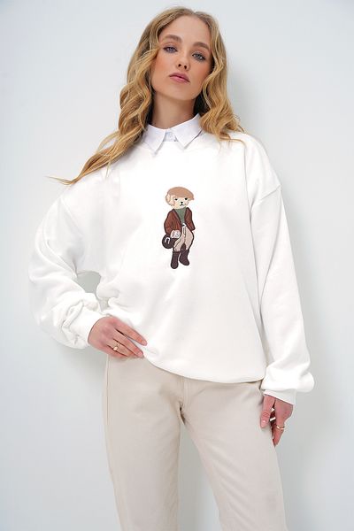 Trend Alaçatı Stili Weißes Damen-Sweatshirt mit Hundemotiv – Rundhalsausschnitt, Raster ALC-X13476