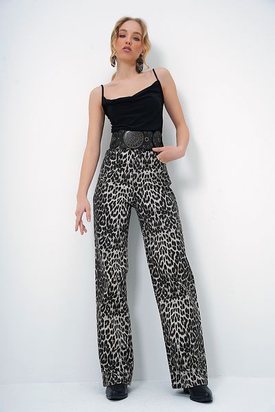 Trend Alaçatı Stili High Waist Patterned Brown Black Palazzo Women's Trousers - Alc-X13403