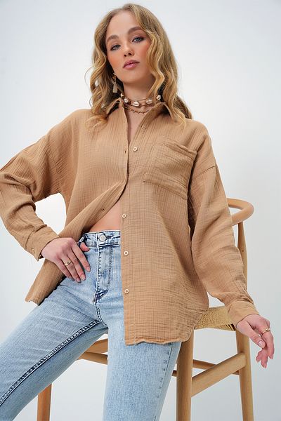 Trend Alaçatı Stili Women's Beige Single Pocket Linen Look Oversize Woven Shirt Alc-X13344
