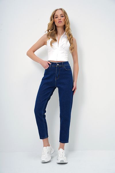 Trend Alaçatı Stili Women's Navy Blue Regular Waist Slim Leg Washed Mom Jean Alc-X13406