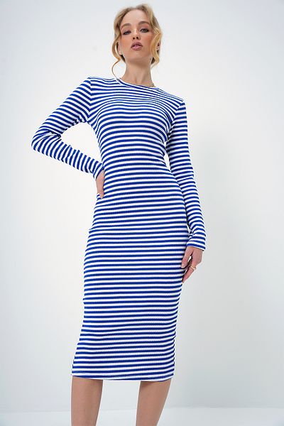 Trend Alaçatı Stili Γυναικεία Saks Blue Crew Neck Ριγέ Μίντι Μήκος Βασικό Φόρεμα ALC-X13368
