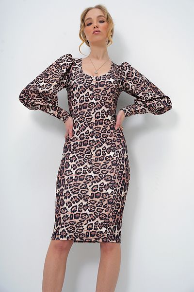 Trend Alaçatı Stili Braunes, schwarzes Scuba-Midikleid mit Leopardenmuster – U-Boot-Ausschnitt, Prinzessinnenärmel ALC-X13384