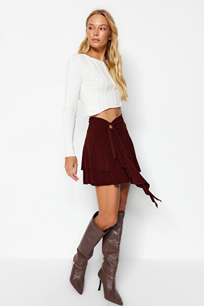 Trendyol Collection Burgundy Ruffle Detailed Flounce Mini Stretchy Knitted Skirt Twoaw24Et00214
