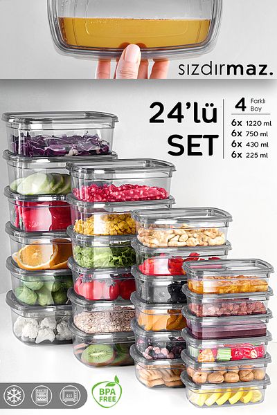 Meleni Home 24-Piece Anthracite Color Leak Proof Storage Set - Organizer Organizer Food Container 6X(225-430-750-1220)Ml