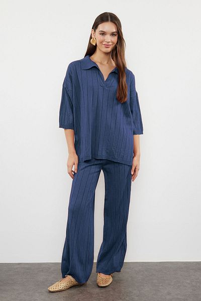 Trendyol Collection Indigo Basic Cord-Strick-Unterteil-Oberteil-Set TWOSS23AU00029