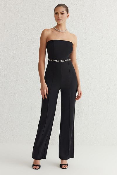 Trendyol Collection Schwarzer, trägerloser, gewebter Overall mit weitem Bein TPRSS25TU00003