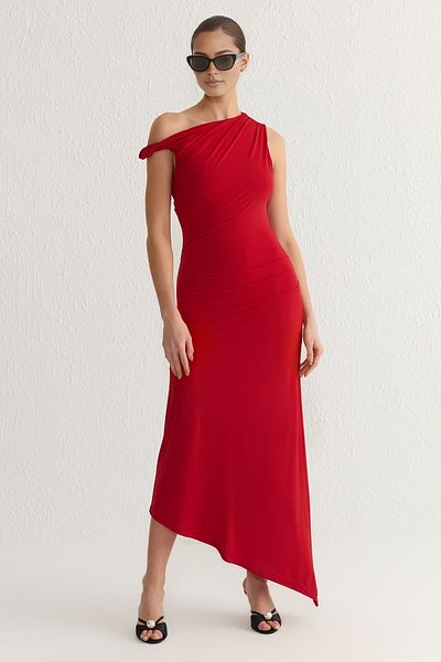 Trendyol Collection Piros aszimmetrikus galléros kötött ruha TPRSS25EL00102