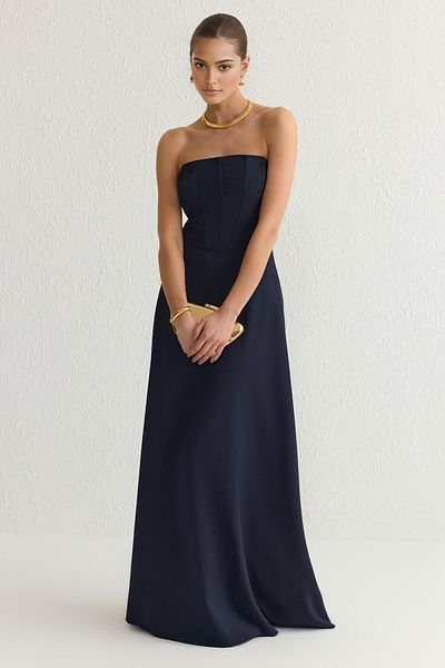 Trendyol Collection Marineblaues, trägerloses, langes, stilvolles Abendkleid und Abschlusskleid in A-Linie TPRSS25AE00021
