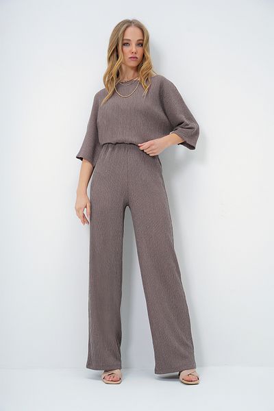 Trend Alaçatı Stili Mink Boat Neck bő blúz és Palazzo nadrág - denevér ujjú, ráncos ALC-X13470