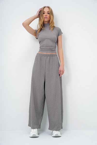 Trend Alaçatı Stili Szürke állógallérral drapírozott Crop blúz és széles szárú nadrág szett - ALC-X13411