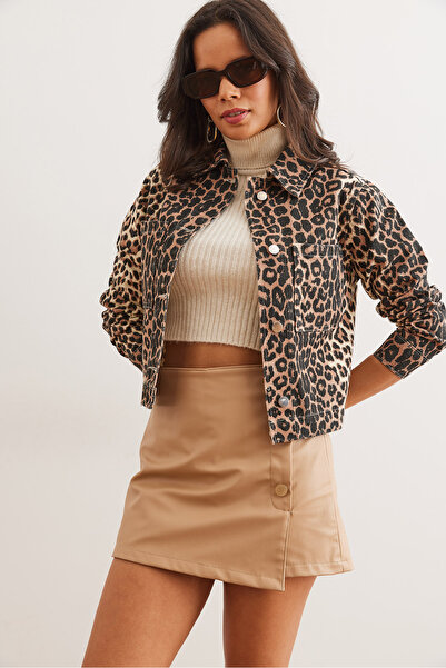 Olalook Dámská hnědá dvojitá kapsa Leopard Gabardine Crop Jacket Ckt- 19000425