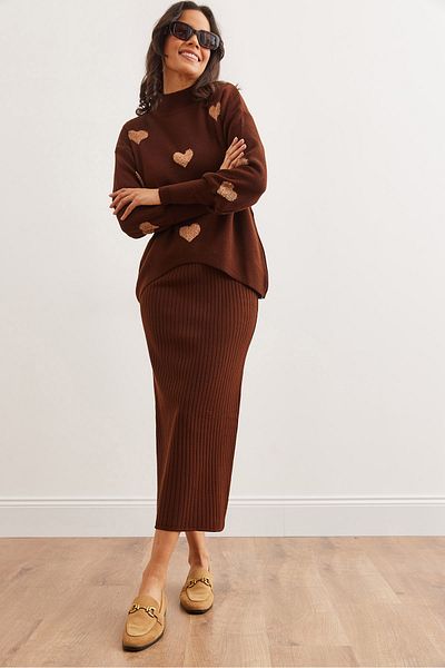 Olalook Women's Bitter Coffee Heart Top Sweater Inner Front Back V Dress Knitwear Set